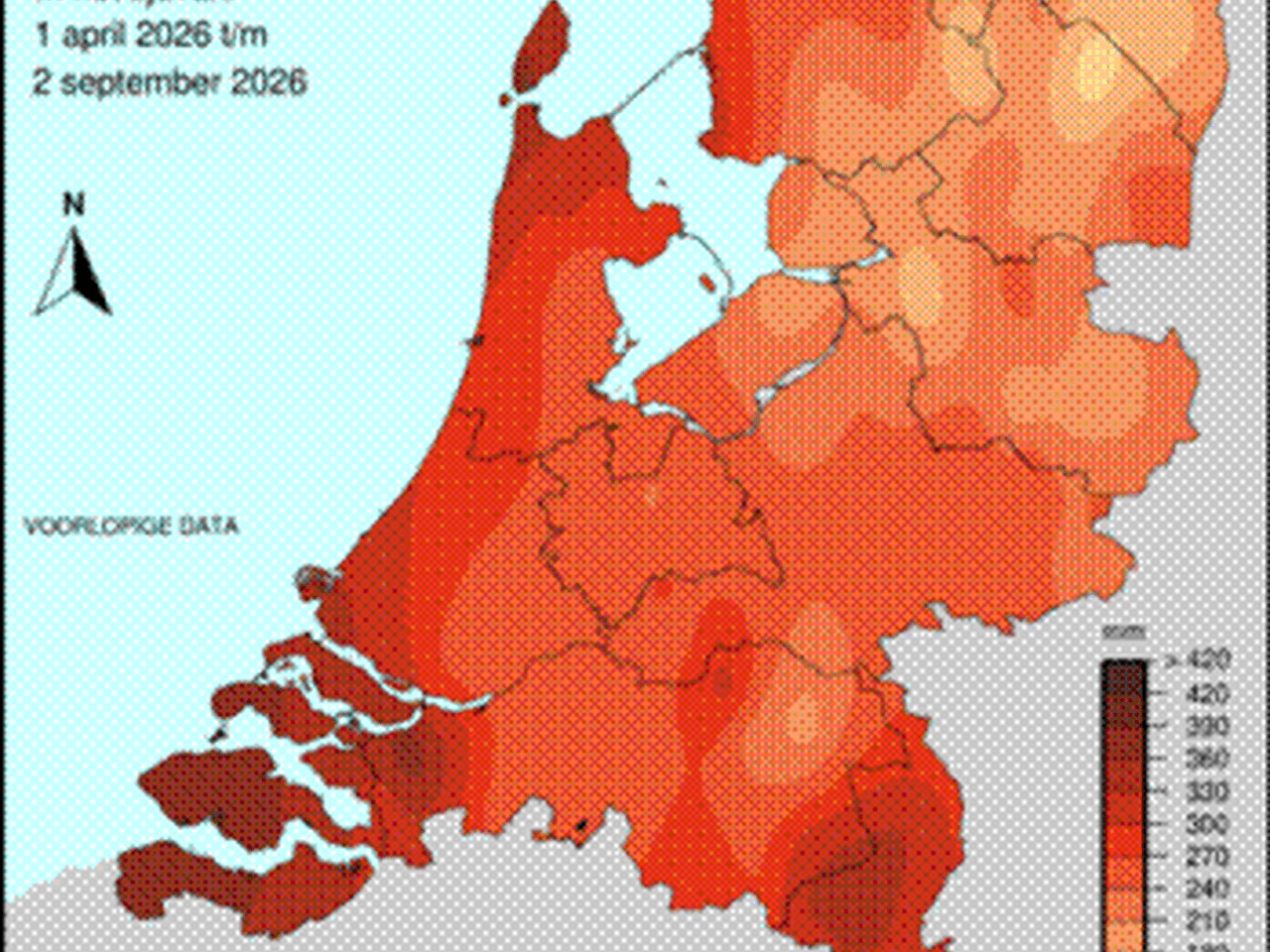 Kaart van Nederland met het neerslagtekort per 1 april 2026, waarbij de grootste tekorten zichtbaar zijn in het zuidwesten van Nederland, waaronder Zeeland.