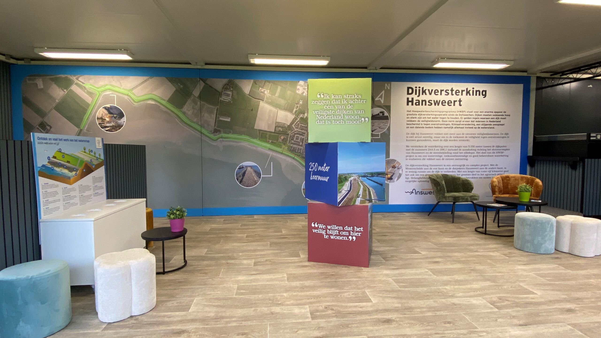 De binnenruimte van het informatiecentrum met een groot wandpaneel van het te versterken dijktraject in Hansweert