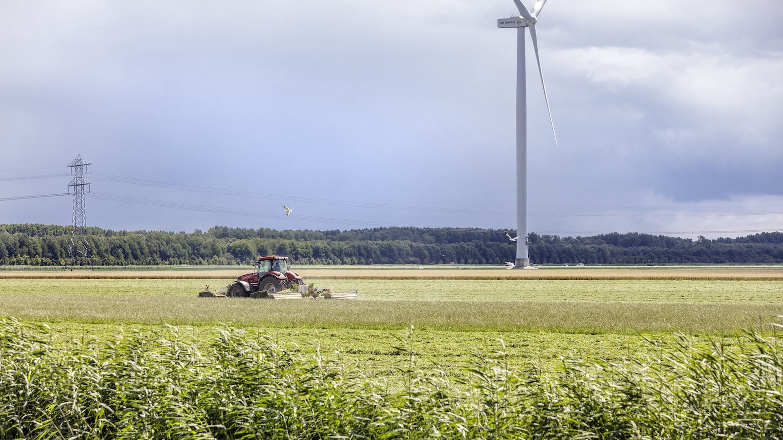Agrarisch landschap met tractor en windmolen. 