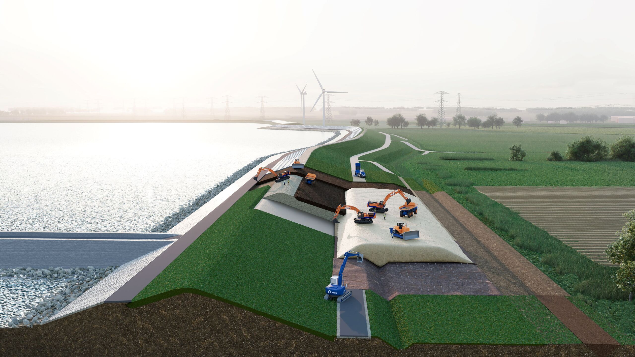 visualisatie van de bouw van de dijk