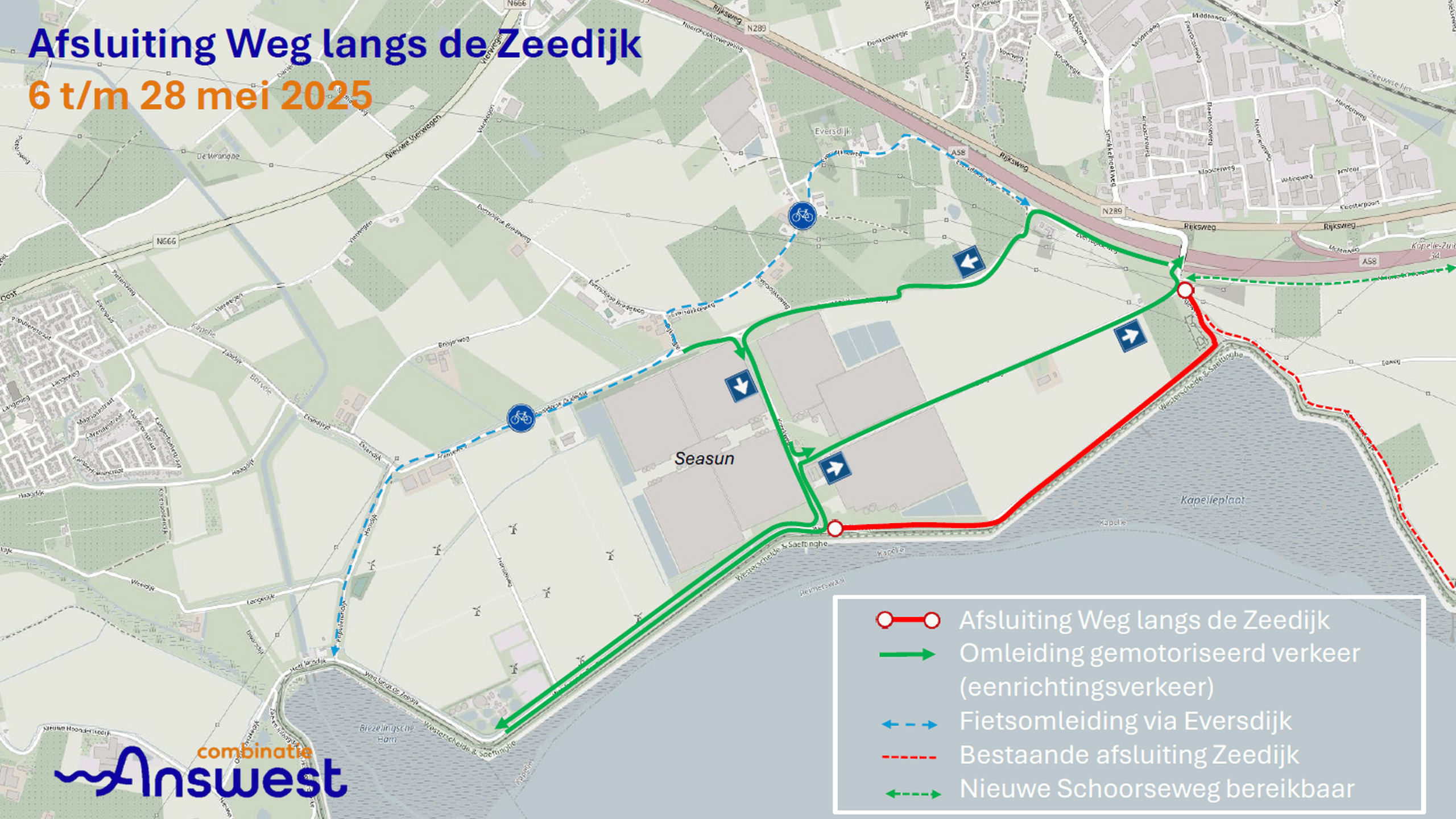 Tekening van de afsluiting van de weg langs de zeedijk inclusief omleiding.