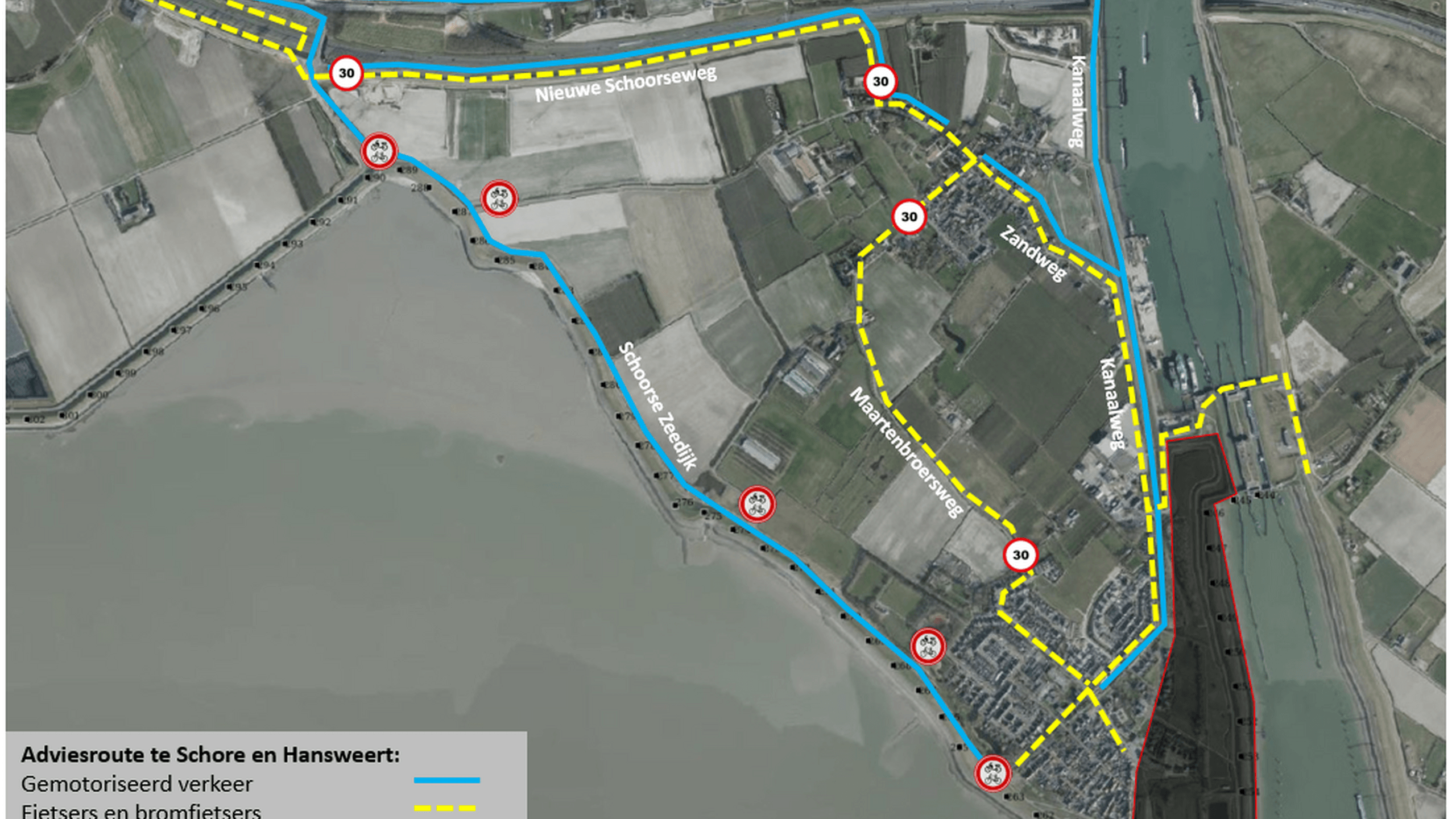 Kaart met wijzigingen in de verkeerssituatie bij Hansweert.