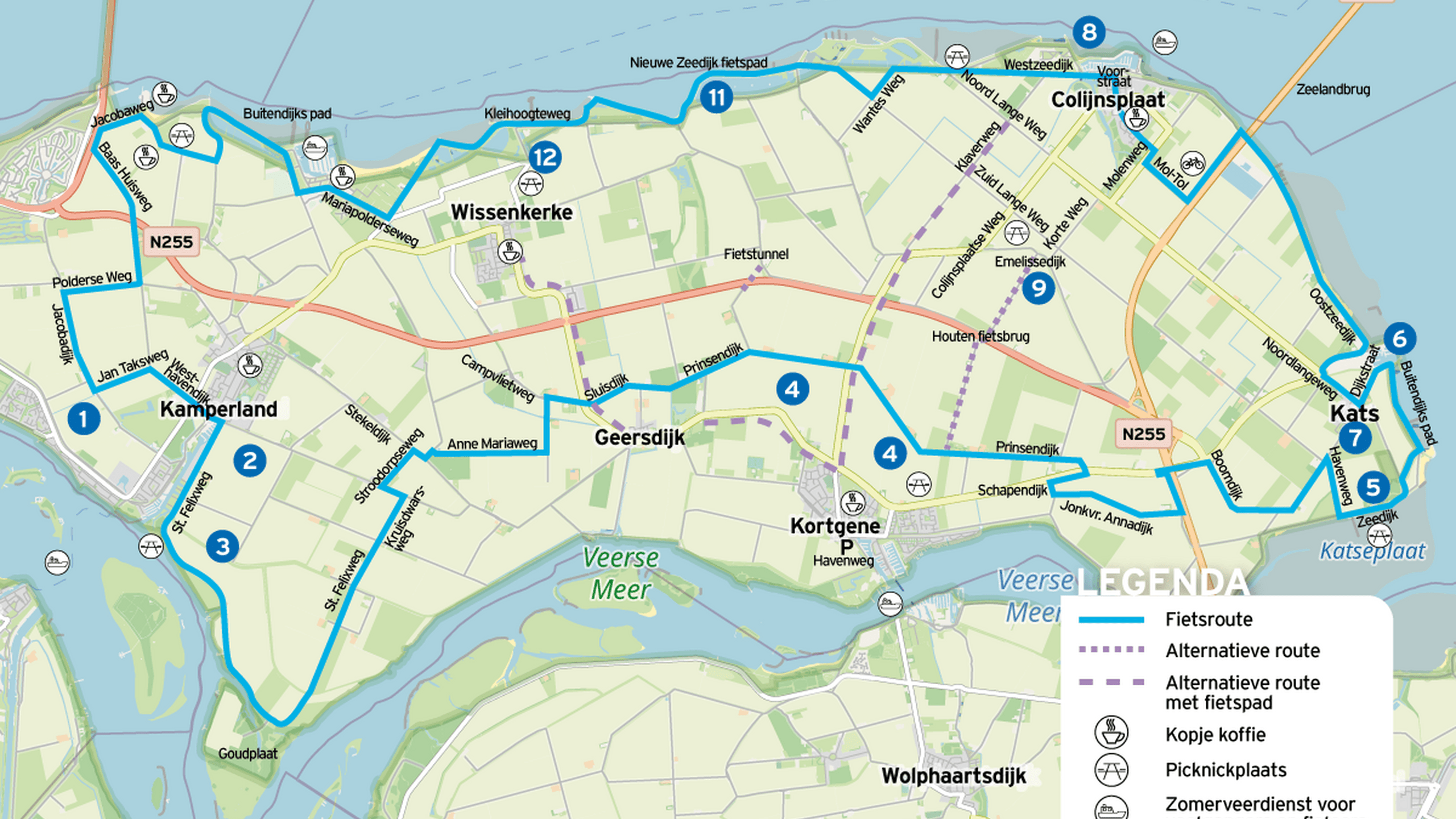 Een kaart van een fietsroute op Noord-Beveland.