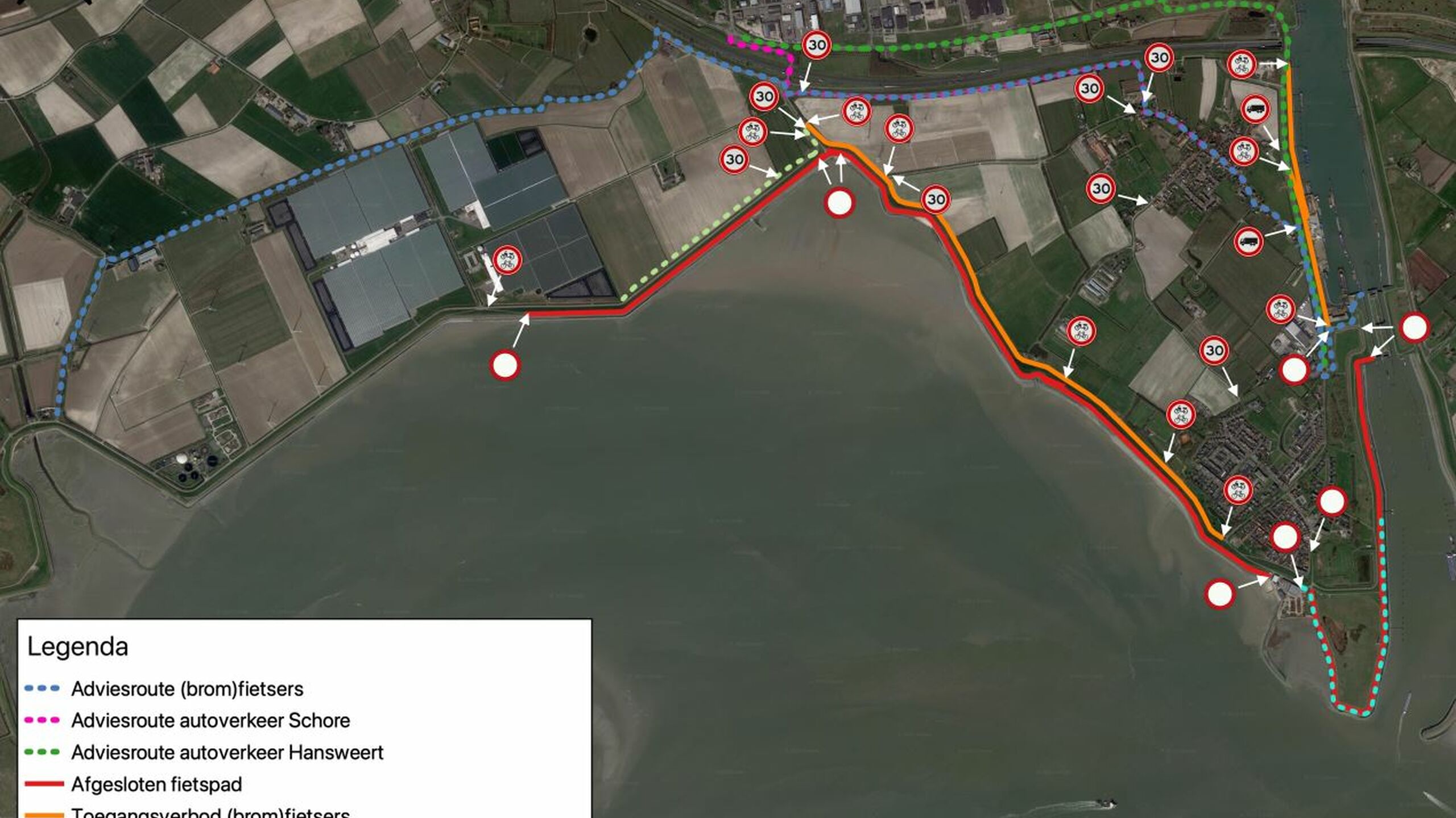  Een kaart met daarop de aankomende verkeersmaatregelen bij dijkversterking Hansweert.