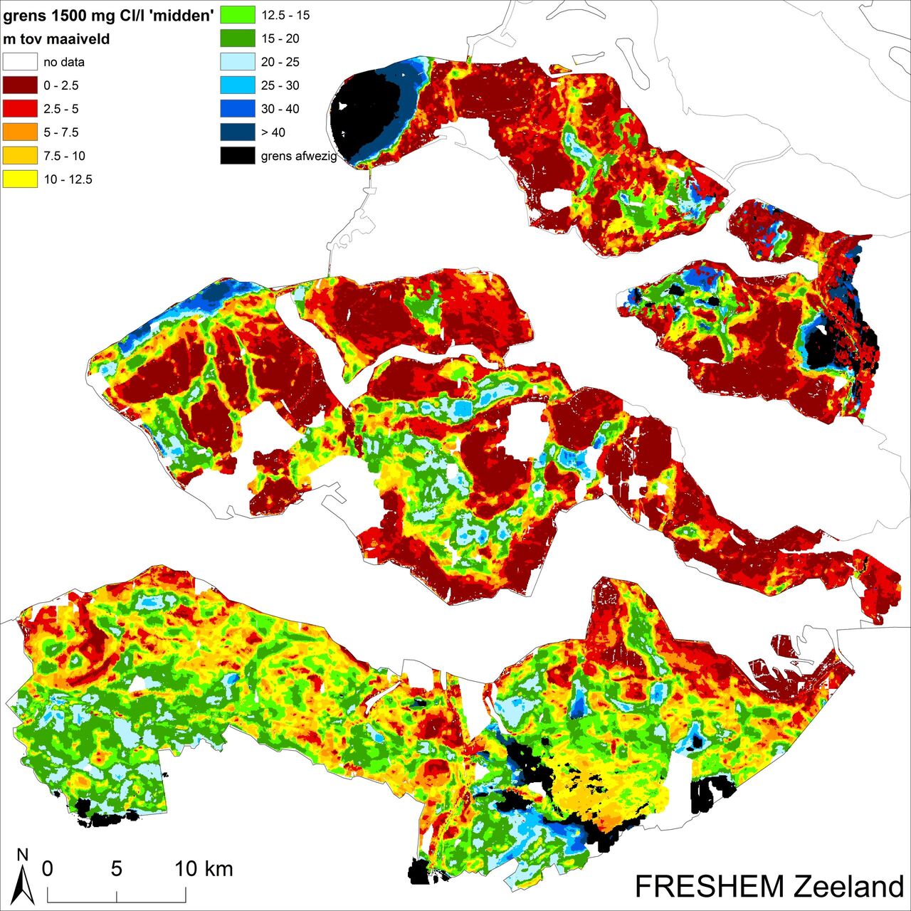 Kaart van Zeeland die laat zien op welke diepte de overgang van zoet naar zout grondwater zich bevindt.