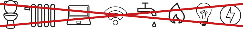 Illustraties van zaken die niet meer werken bij een overstroming, zoals de wc, internet, gas en stroom.