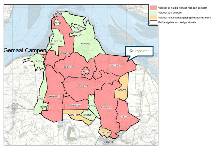 Een kaart die weergeeft op welke plekken rondom de Kruispolder problemen kunnen ontstaan door overtollig water.