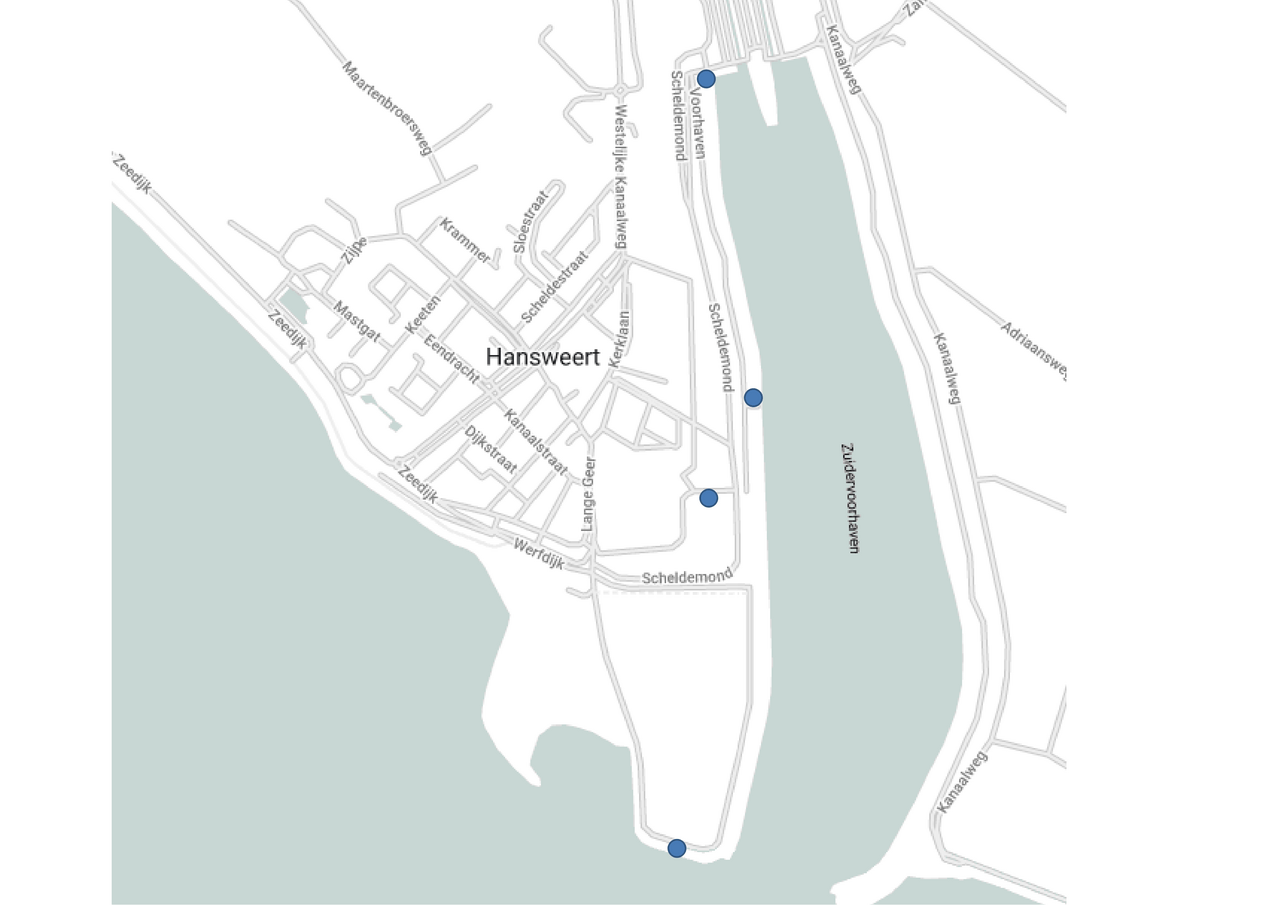 weergave van de kanaalzone met daarop de 4 locaties van de buitenborden