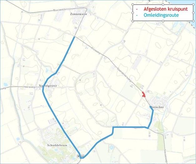 Kaartje van de omleidingsroute wegwerkzaamheden kruispunt Stoofweg/Zuid Langeweg. 