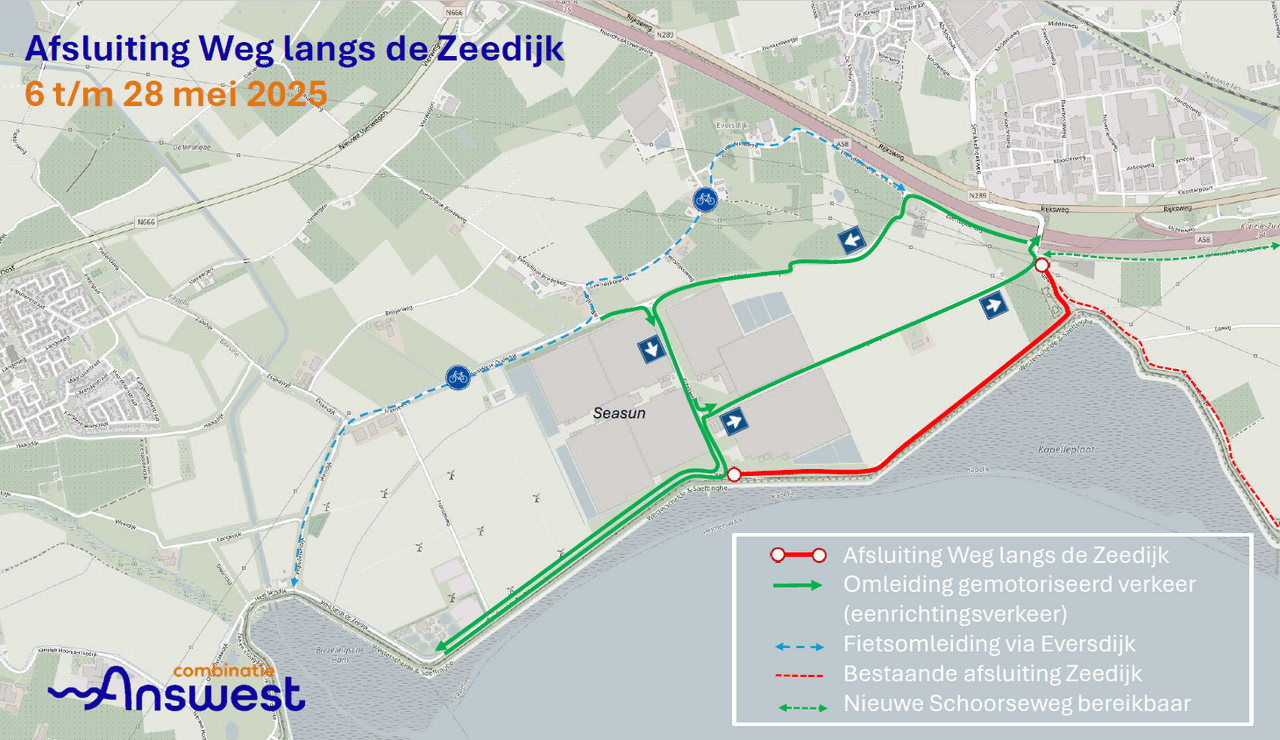 Tekening van de afsluiting van de weg langs de zeedijk inclusief omleiding.