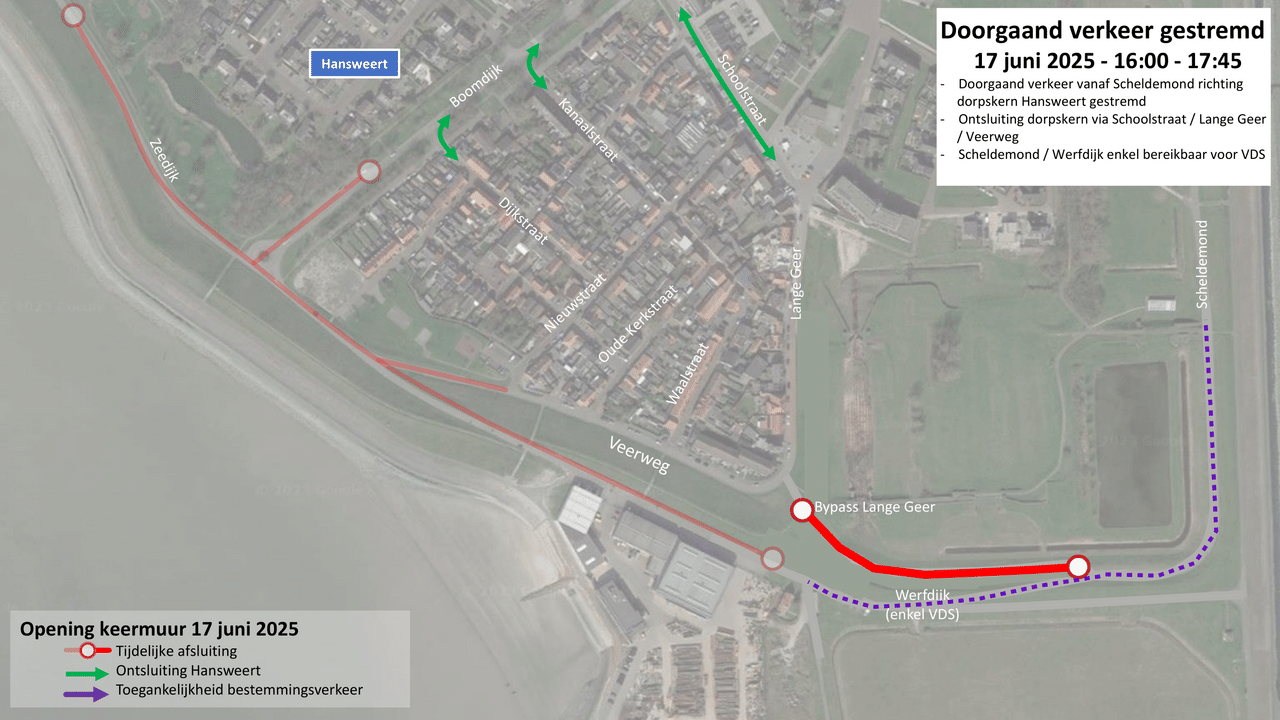 Foto van de wegafsluiting in Hansweert op 17 juni