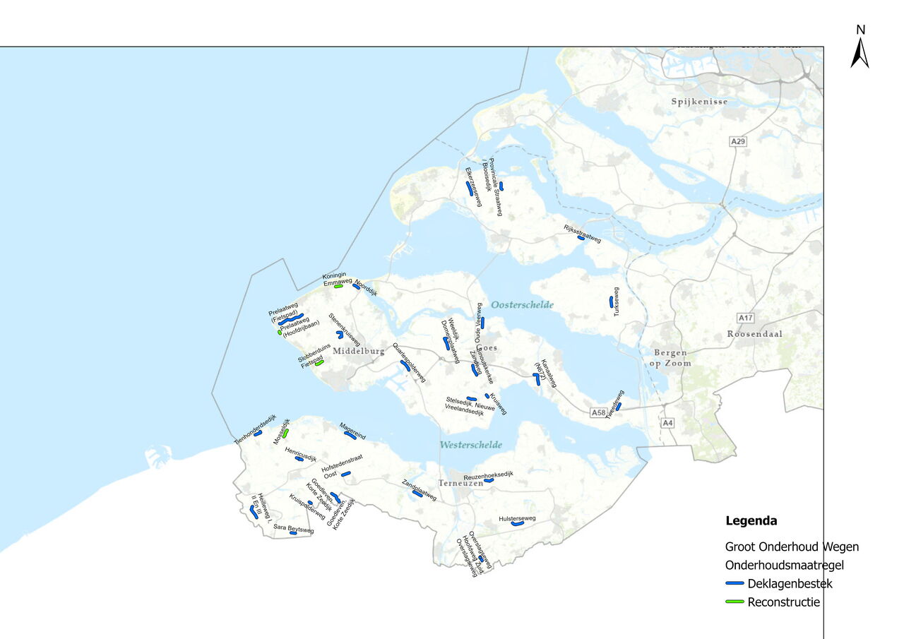 Overzichtskaart van Zeeland met het groot onderhoud van de wegen.