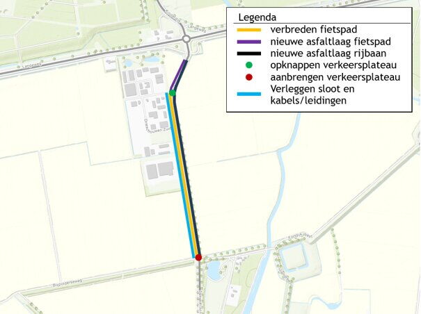 Kaart van de projectlocatie met werkzaamheden die bestaan uit de verbreding van het fietspad conform het aangegeven tracé, inclusief de noodzakelijke aanpassingen aan de aanwezige kabels en leidingen.