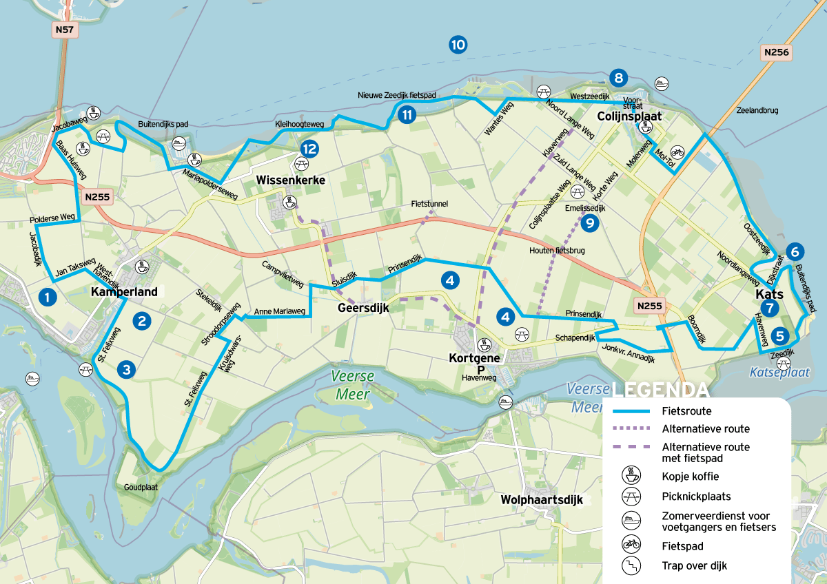 Een kaart van Noord-Beveland met daarop een fietsroute aangegeven.